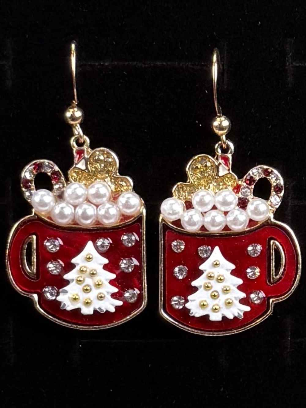 Festive Christmas Holiday Ref and Gold Coco Mug Pierced Earrings
